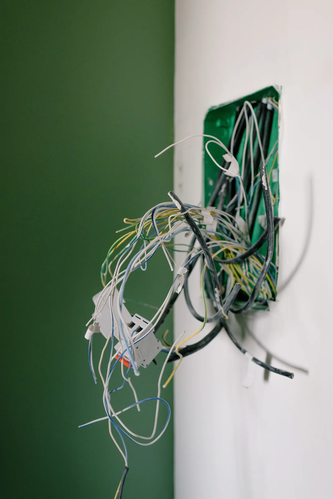 Old wiring spilling out of a junction box, for electrician in Vancouver