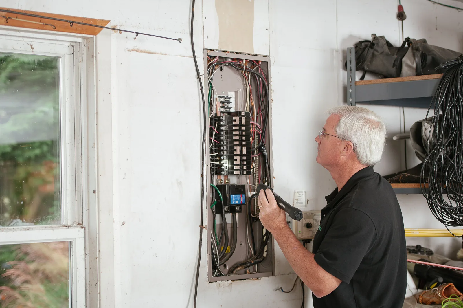 An electrician checking an open residential panel by torchlight, for licensed electrician in Vancouver